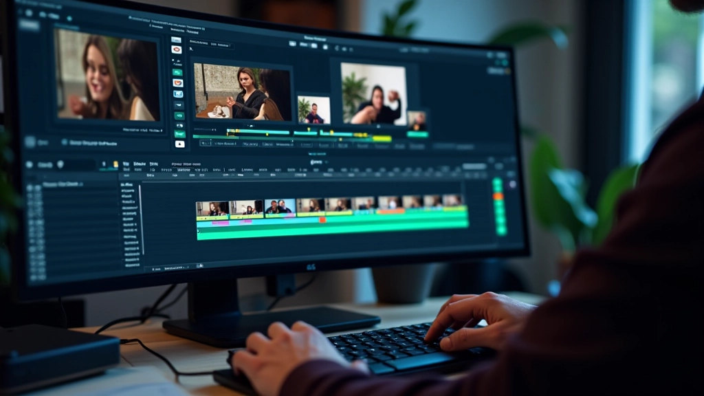 Editor de vídeo profissional com múltiplas camadas de cenas e timeline mostrando ligação entre sequências